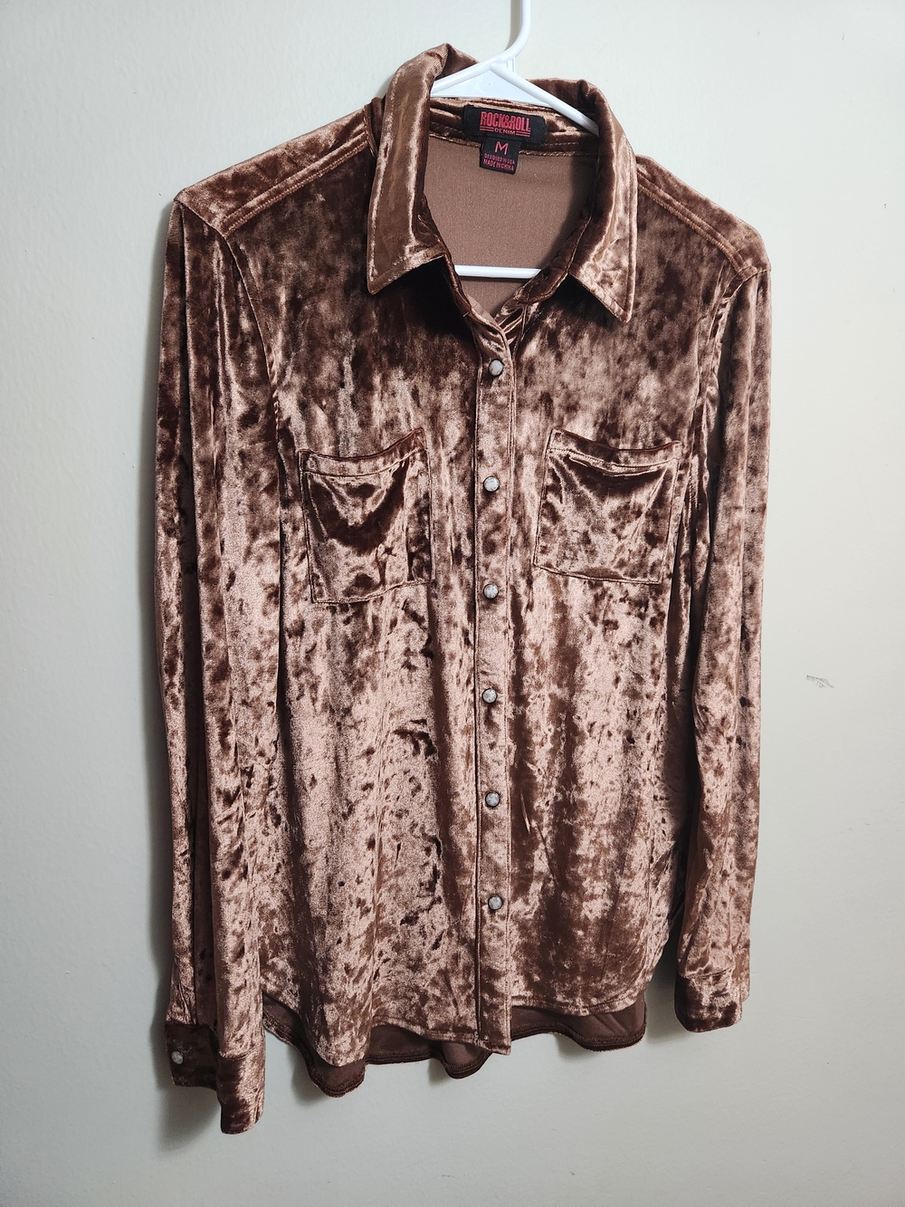 Rock & Roll Denim Brown Crushed Velvet Button-Up Shirt Jacket M Medium
